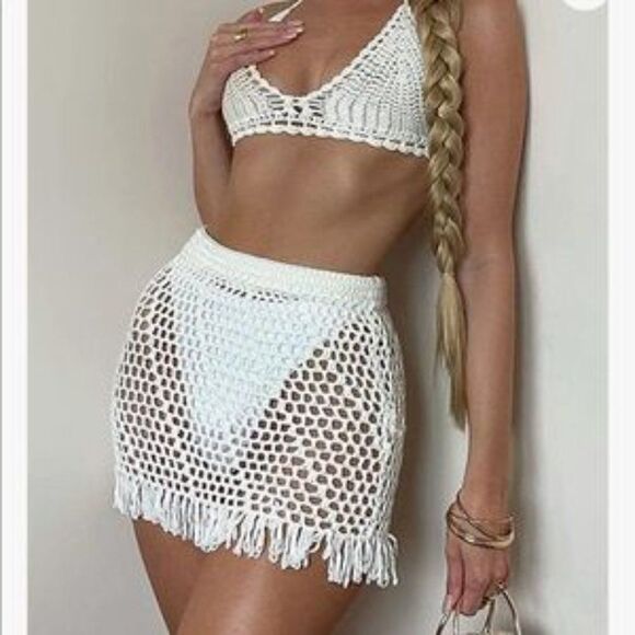 New Crochet Knit 2 Piece Swimsuit Bikini Cover Up Set - Picture 4 of 6